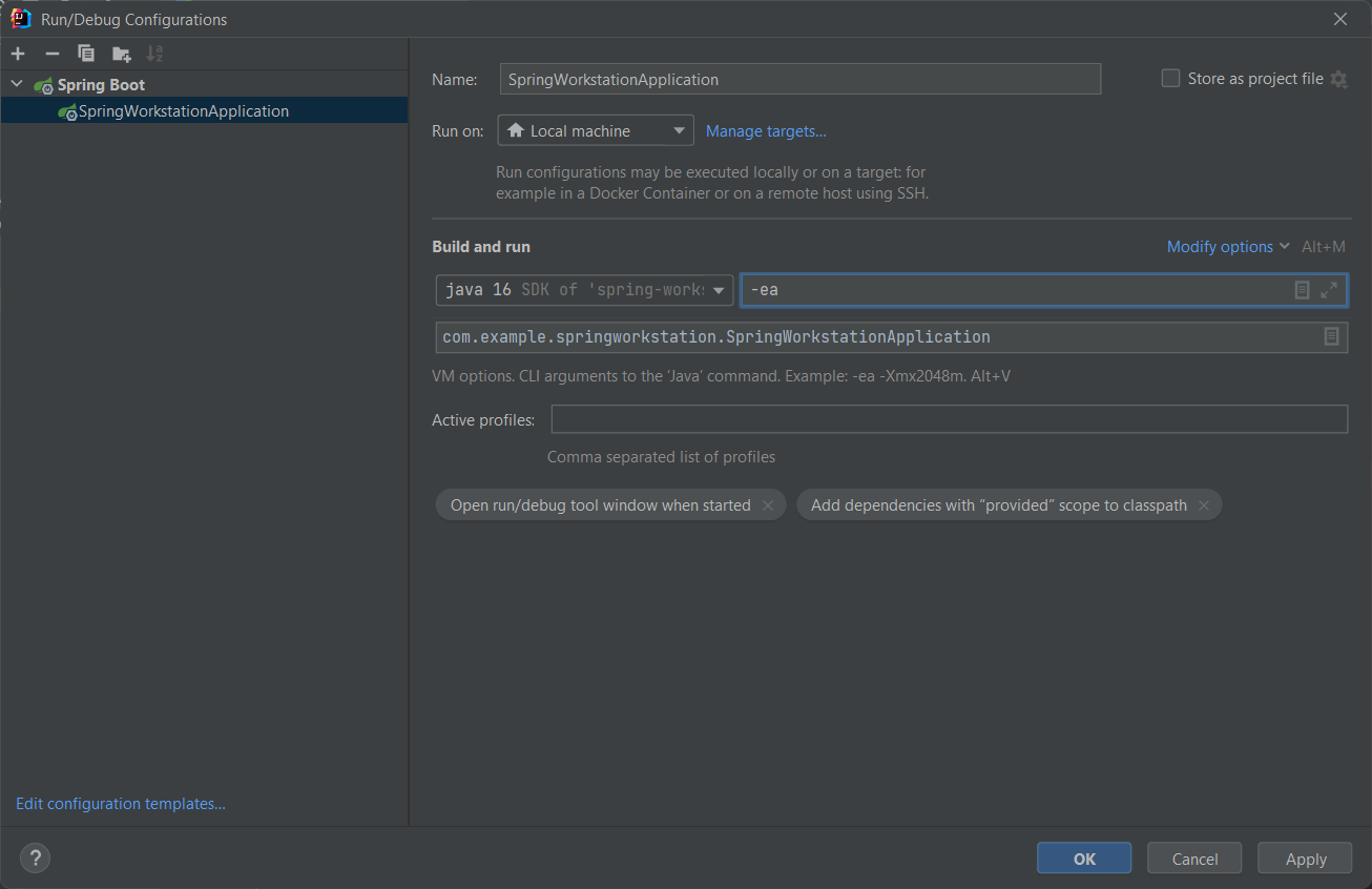 Intellij enable assertion VM options box